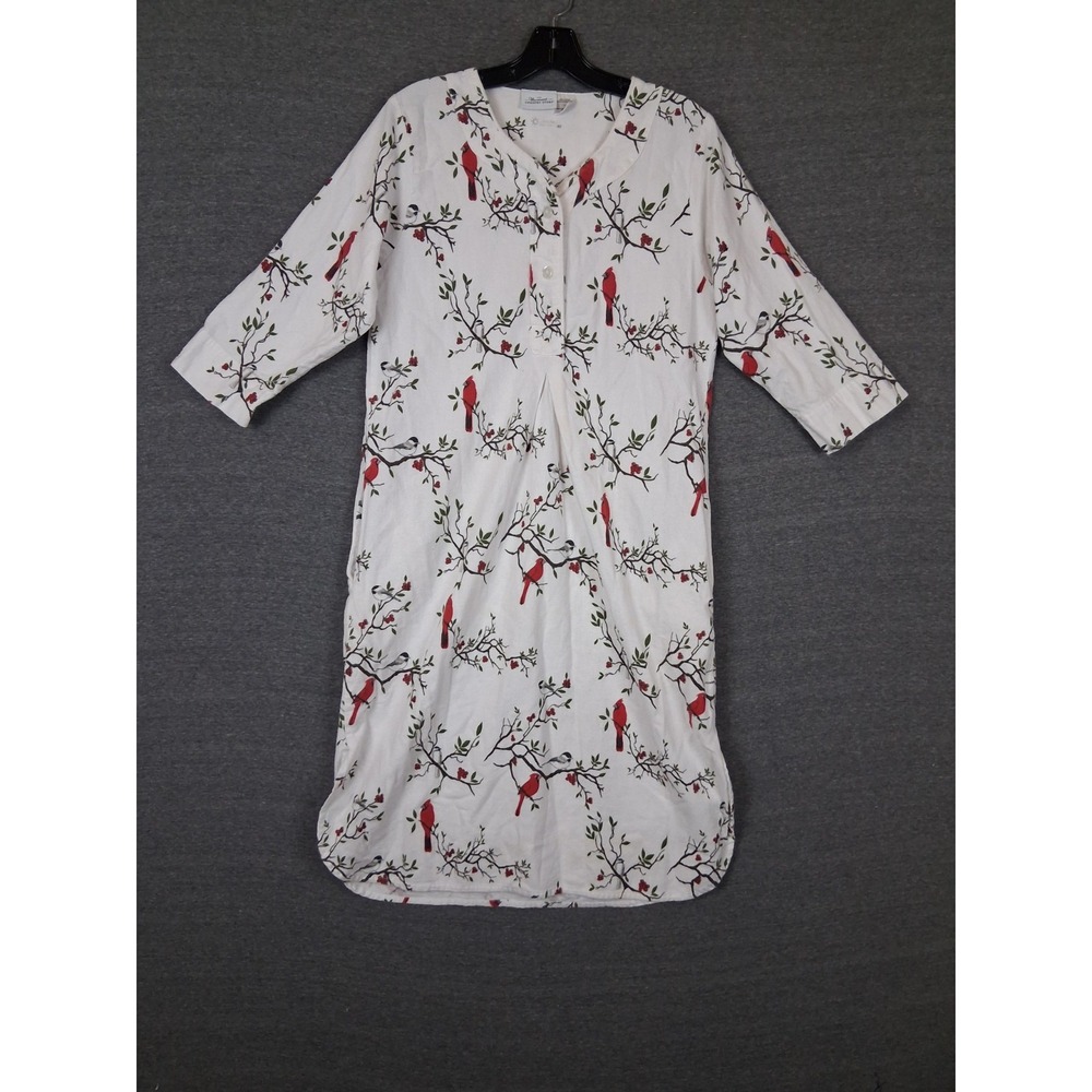 The Vermont Country Store Womens Nightgown S White Cardinal Bird Flannel Cottage